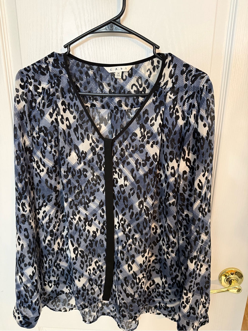 CAbi Black, Blue & White Leopard Print V-Neck Top